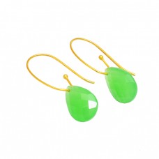 Pear Shape Prehnite Chalcedony Gemstone 925 Sterling Silver Gold Plated Earrings