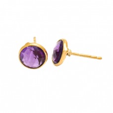 Round Shape Amethyst Gemstone 925 Sterling Silver Rose Gold Plated Stud Earrings