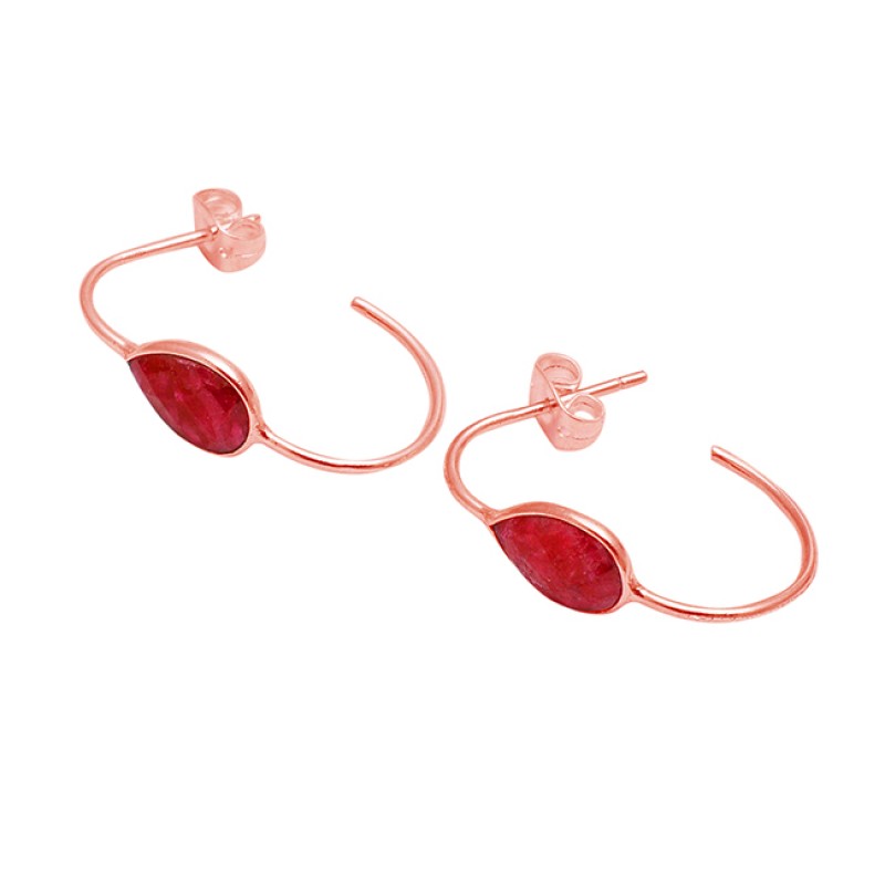 Ruby Pear Shape Gemstone 925 Sterling Silver Handmade Designer Hoop Earrings