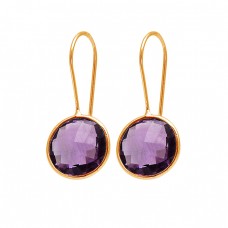 Round Shape Amethyst Gemstone 925 Sterling Silver Fixed Ear Wire Earrings