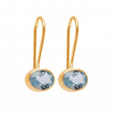 Oval Shape Blue Topaz Gemstone 925 Sterling Silver Fixed Ear Wire Earrings