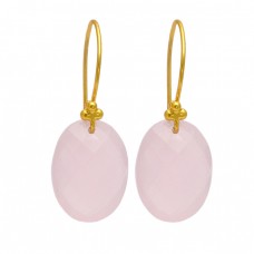 Rose Chalcedony Oval Shape Gemstone 925 Sterling Silver Gold Plated Designer Earrings