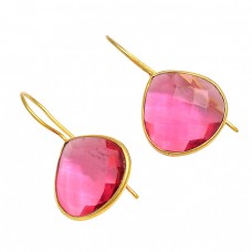 Heart Shape Pink Quartz Gemstone 925 Sterling Silver Gold Plated Fixed Ear Wire Earrings