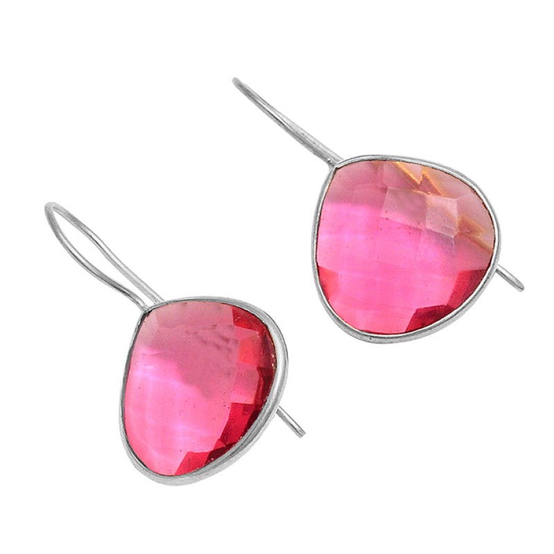 Heart Shape Pink Quartz Gemstone 925 Sterling Silver Gold Plated Fixed Ear Wire Earrings