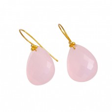 Pear Shape Rose Chalcedony Gemstone 925 Sterling Silver Gold Plated Earrings