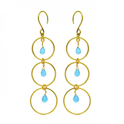 Pear Drops Shape Topaz Gemstone 925 Sterling Silver Gold Plated Dangle Earrings