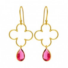 Pear Shape Pink Quartz Gemstone 925 Sterling Silver Gold Plated Dangle Earrings