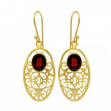 Faceted Oval Shape Garnet Gemstone Filigree Style Desginer Gold Plated Earrings