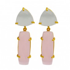 Prong Setting Moonstone Chalcedony 925 Sterling Silver Gold Plated Stud Dangle Earrings