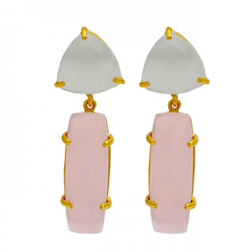 Prong Setting Moonstone Chalcedony 925 Sterling Silver Gold Plated Stud Dangle Earrings