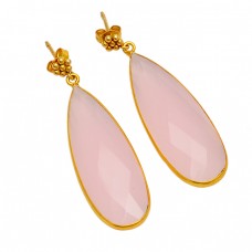 Pear Shape Rose Chalcedony Gemstone 925 Sterling Silver Gold Plated Dangle Earrings