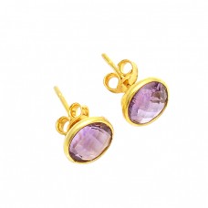 Amethyst Round Shape Gemstone 925 Sterling Silver Gold Plated Stud Earrings