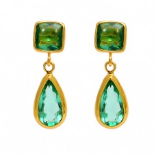 Green Apatite Cushion Pear Shape Gemstone 925 Sterling Silver Gold Plated Stud Earrings