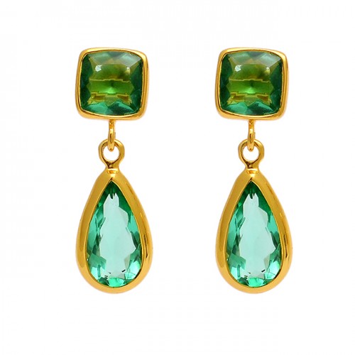 Green Apatite Cushion Pear Shape Gemstone 925 Sterling Silver Gold Plated Stud Earrings