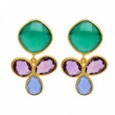 Green Onyx Amethyst Blue Quartz Gemstone 925 Sterling Silver Gold Plated Stud Earrings