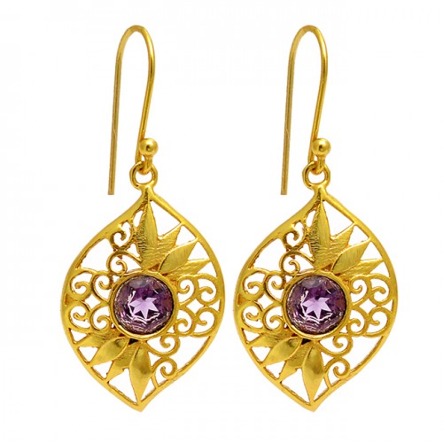 Amethyst Round Shape Gemstone Filigree Designer Gold Plated Dangle Earrings