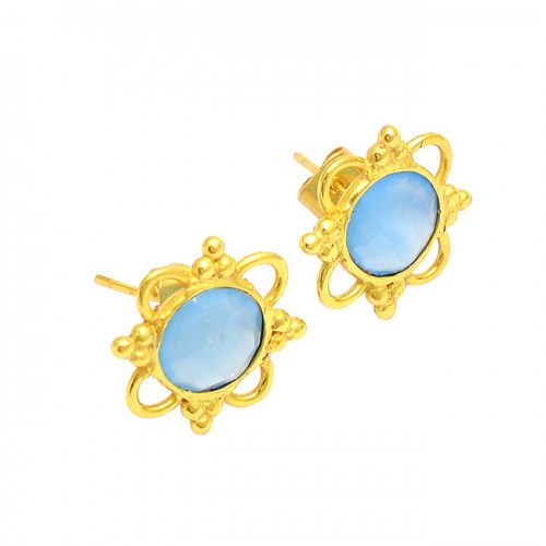 Blue Topaz Oval Shape Gemstone 925 Silver Gold Plated Handmade Stud Earrings