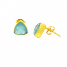 Aqua Chalcedony Triangle Shape Gemstone 925 Sterling Silver Gold Plated Stud Earrings