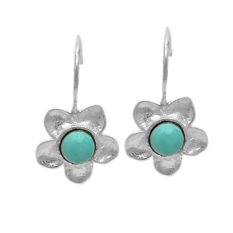 Cabochon Round Turquoise Gemstone 925 Sterling Silver Flower Designer Earrings