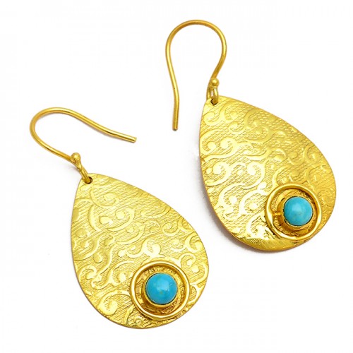 Round Cabochon Turquoise Gemstone 925 Sterling Silver Gold Plated Dangle Earrings