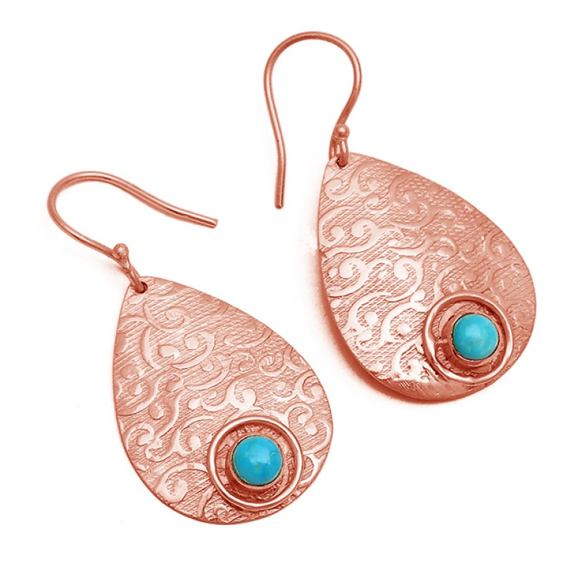 Round Cabochon Turquoise Gemstone 925 Sterling Silver Gold Plated Dangle Earrings