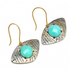 Round Shape Turquoise Gemstone 925 Sterling Silver Black Rhodium Dangle Earrings