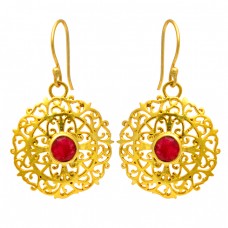 Round Shape Garnet Gemstone Stylish Designer Gold Plated Dangle Earrings