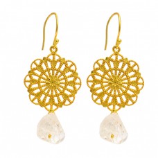 Herkimer Diamond Rough Gemstone 925 Sterling Silver Gold Plated Filigree Designer Earrings