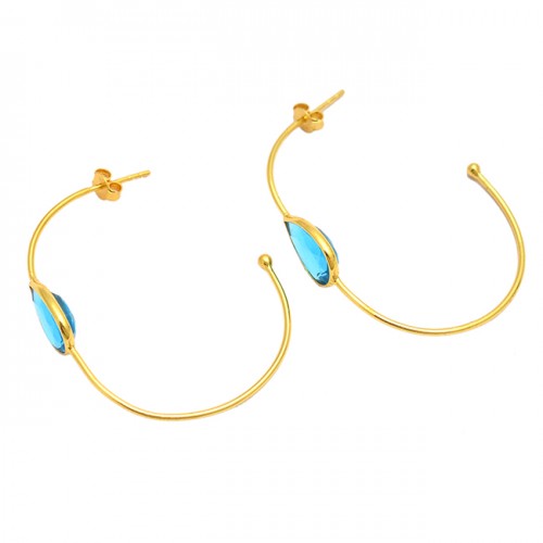 925 Sterling Silver Blue Topaz Pear Shape Gemstone Gold Plated Hoop Earrings