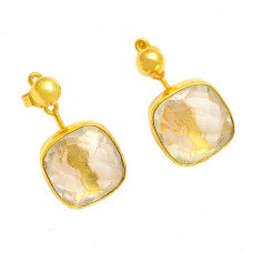 925 Sterling Silver Citrine Cushion Shape Gemstone Gold Plated Stud Dangle Earrings