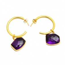 Hexagon Shape Amethyst Gemstone 925 Sterling Silver Gold Plated Dangle Hoop Earrings