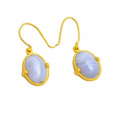 Oval Cabochon Blue Lace Agate Gemstone 925 Sterling Silver Gold Plated Dangle Earrings