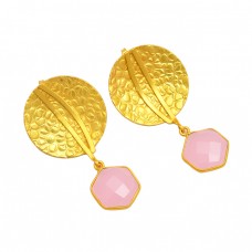 925 Sterling Silver Rose Chalcedony Gemstone Gold Plated Hammered Designer Earrings