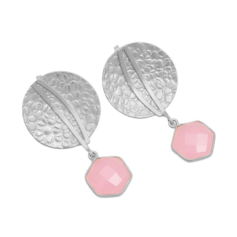 925 Sterling Silver Rose Chalcedony Gemstone Gold Plated Hammered Designer Earrings