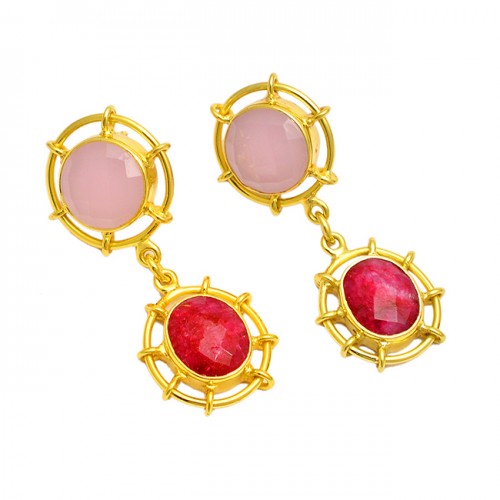 925 Sterling Silver Ruby Chalcedony Gemstone Gold Plated Dangle Stud Earrings