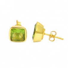 925 Sterling Silver Peridot Cushion Shape Gemstone Gold Plated Stud Earrings