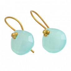 Heart Shape Aqua Chalcedony Gemstone 925 Sterling Silver Gold Plated Earrings