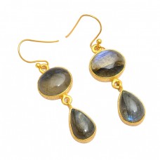 Cabochon Pear Oval Labradorite Gemstone 925 Sterling Silver Gold Plated Earrings