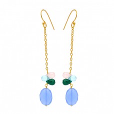 Pear Drops Oval Shape Chalcedony Onyx Gemstone 925 Silver Gold Plated Chain Earrings