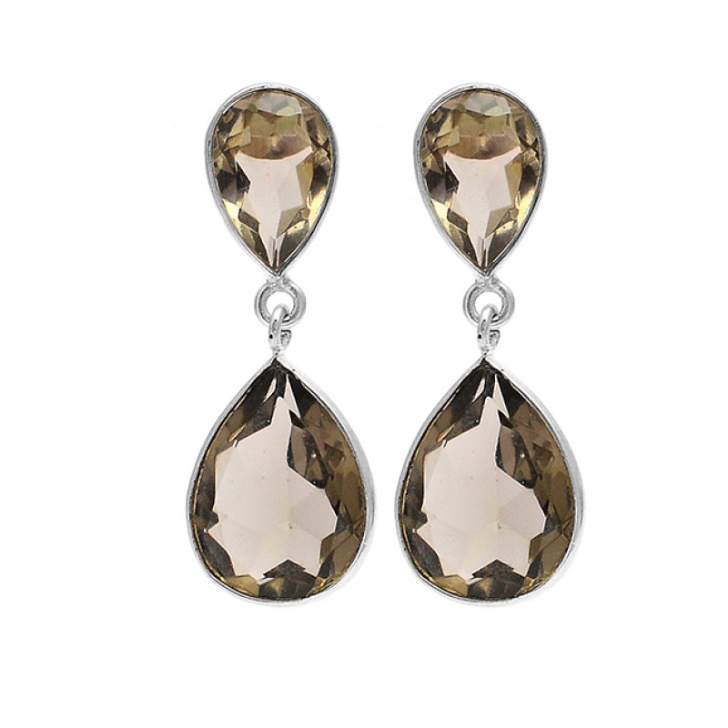 Pear Shape Smoky Quartz Gemstone 925 Sterling Silver Gold Plated Stud Dangle Earrings