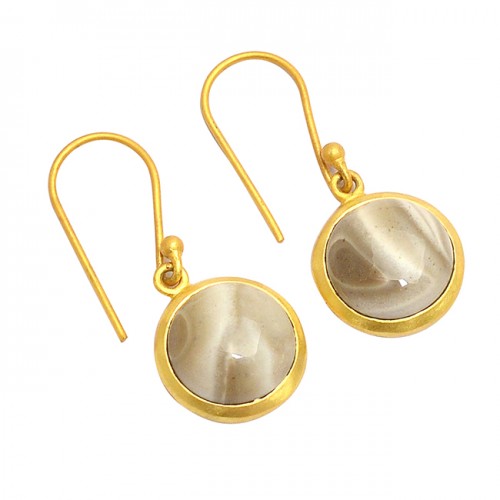 Round Cabochon Flint Gemstone 925 Sterling Silver Gold Plated Dangle Earrings