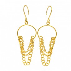 925 Sterling Silver Plain Handmade Gold Plaated Chain Dangle Earrings