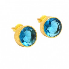 Faceted Round Shape Blue Topaz Gemstone 925 Sterling Silver Gold Plated Stud Earrings