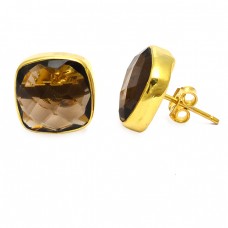 Cushion Shape Smoky Quartz Gemstone 925 Sterling Silver Gold Plated Stud Earrings