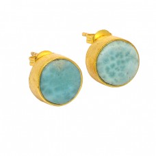 Larimar Round Cabochon Gemstone 925 Sterling Silver Gold Plated Stud Earrings