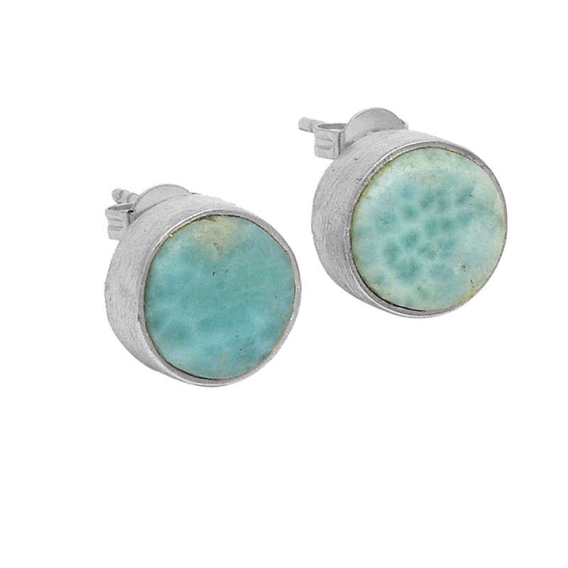 Larimar Round Cabochon Gemstone 925 Sterling Silver Gold Plated Stud Earrings