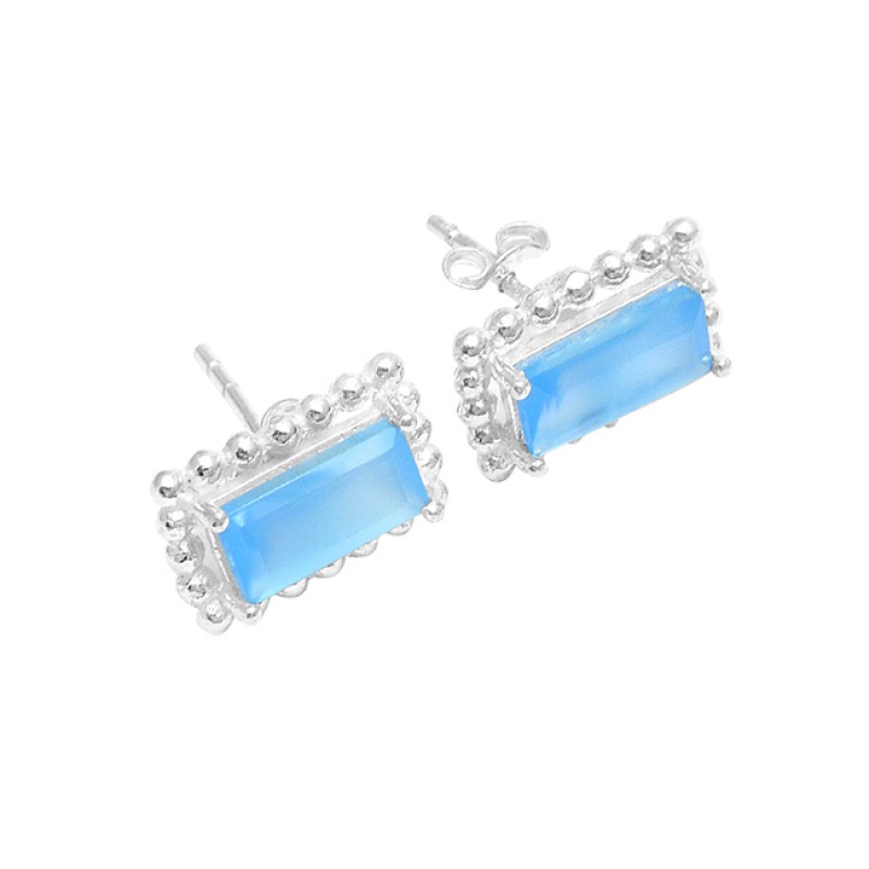 Rectangle Shape Blue Quartz Gemstone Handmade 925 Sterling Silver Stud Earrings