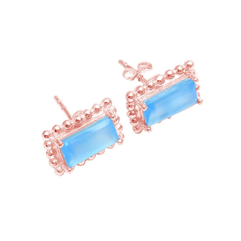 Rectangle Shape Blue Quartz Gemstone Handmade 925 Sterling Silver Stud Earrings