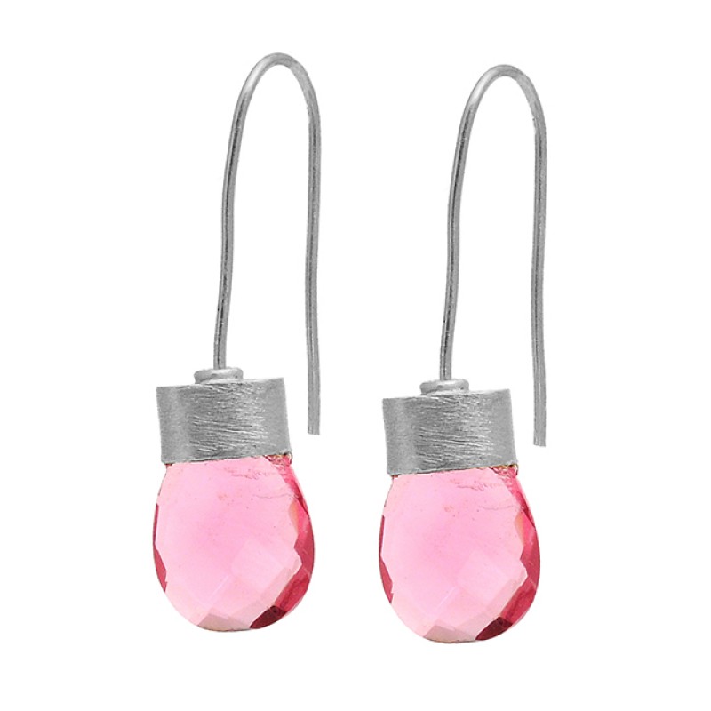 925 Sterling Silver Pink Quartz Gemstone Gold Plated Fixed Ear Wire Earrings