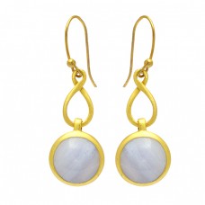 925 Sterling Silver Round Cabochon Flint Gemstone Gold Plated Dangle Earrings